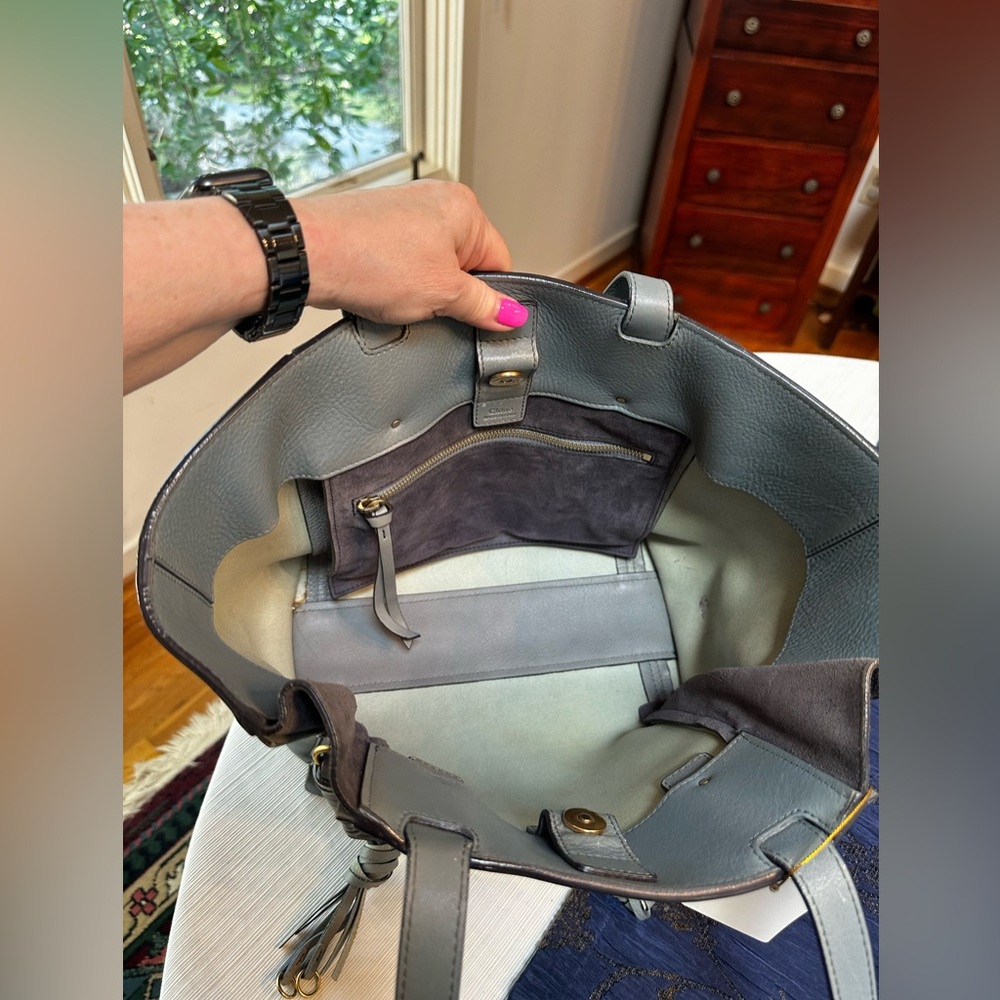 Chloé Leather Slate Blue Leather & Gray Suede Tote Bag - Picture 15 of 16